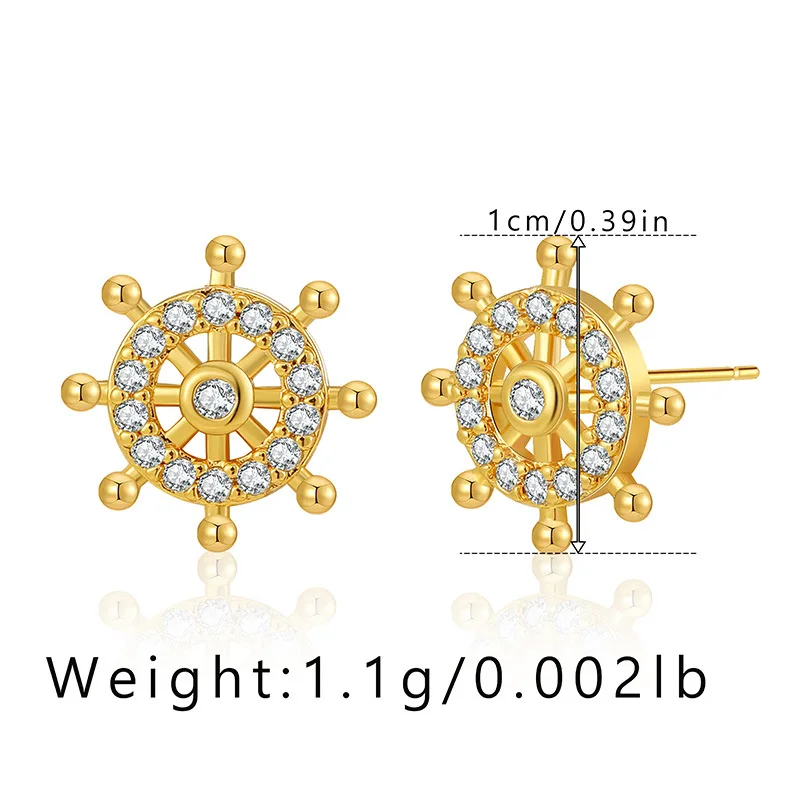 Rudder Steering Wheel Design Plated with 18K Gold Small Earrings Round Micro Set Zircon Fashion ar Studs for Women