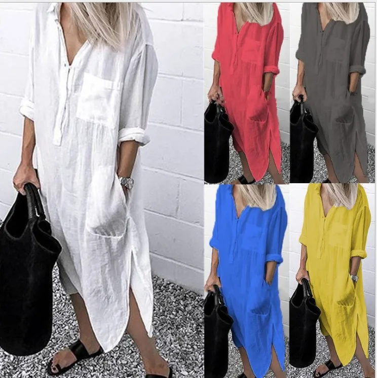 

Cotton linen women's Dress White Long-sleeve shirt Casual women's dress Autumn 2022 Beach fashion women's solid color slit dress