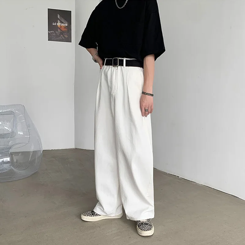 White Jeans Men Casual Straight Wide Pants Summer Korean Fashion Baggy Trousers Oversized Bottoms Ins Vintage Male Y2K Clothes