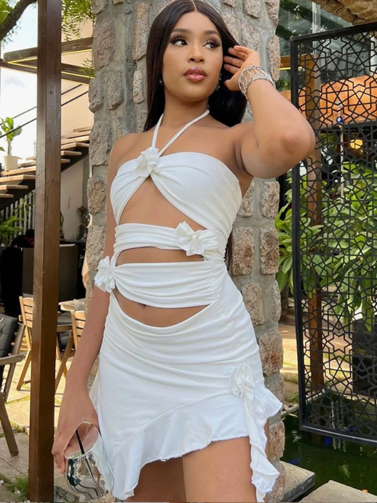 

XIZOU Hollow Out Sexy White Dress y2k Backless Ruffles Bodycon Halter Dress Elegant Party Evening Mini Dresses for Women 2023