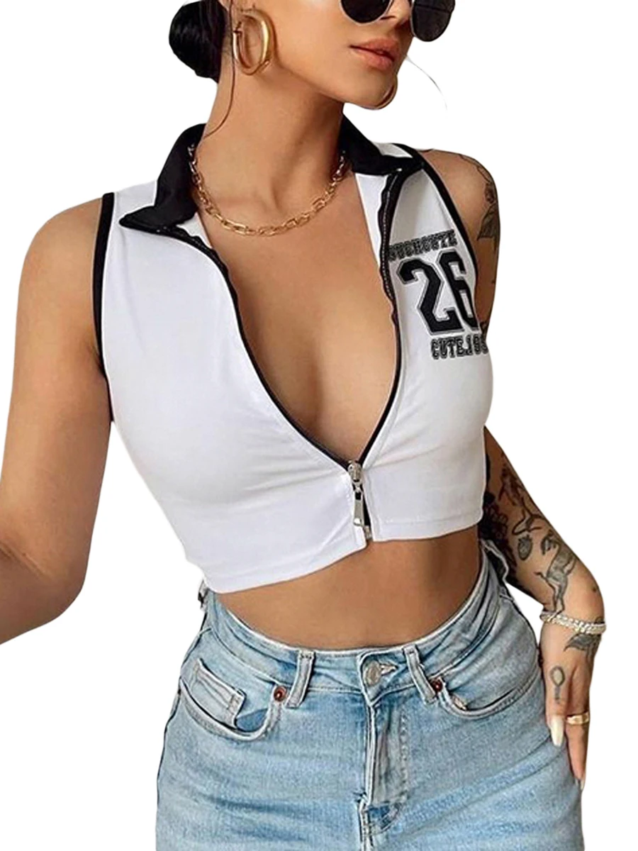 

Women Fashion Camis E-girl Sleeveless Stand Collar Zip Up Camisole Tees Slim Fit Letter Print Show Navel Tank Tops T-shirts