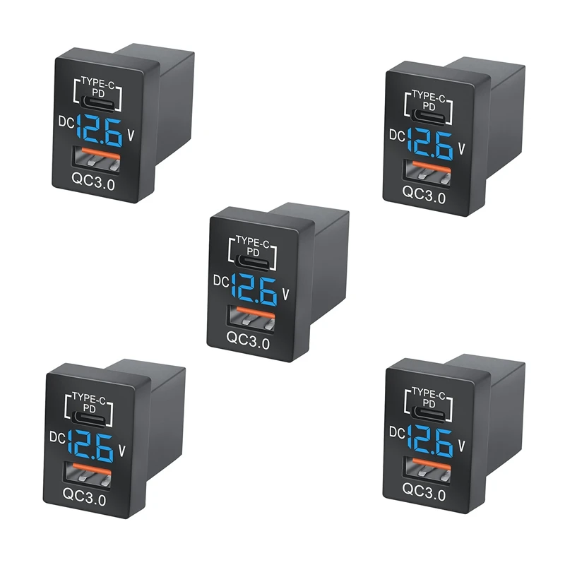 

5X Charger QC3.0 USB Car Charger Socket PD Type-C Charger With LED Blue Digital Voltmeter For New Toyota Quick Charge