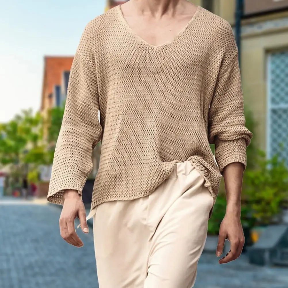 

Men Sweater European And American Men Autumn Solid Color V-neck Casual Knit Sweater Loose Pullover Fall Sweater Men Clothes