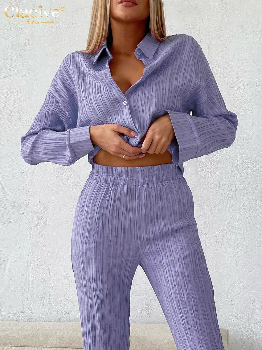 

Clacive Casual Long Sleeve Blouses Set Woman 2 Pieces Fashion Loose Purple Ruched Pants Set Elegant Elastic Waist Trouser Suits