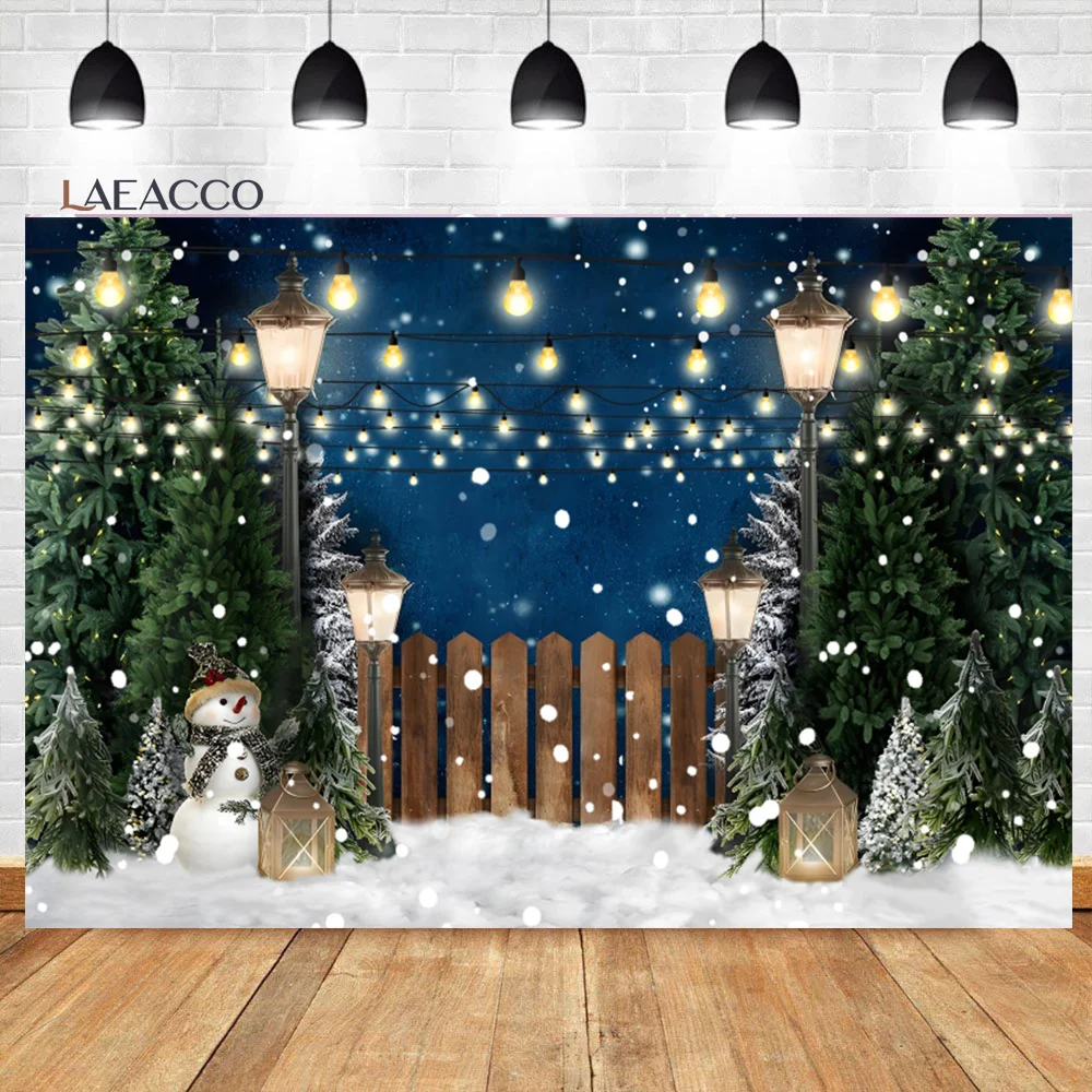 

Laeacco Winter Christmas Photo Backdrop Night Dreamy Light Bokeh Snowman Pines Newborn Birthday Portrait Photography Background