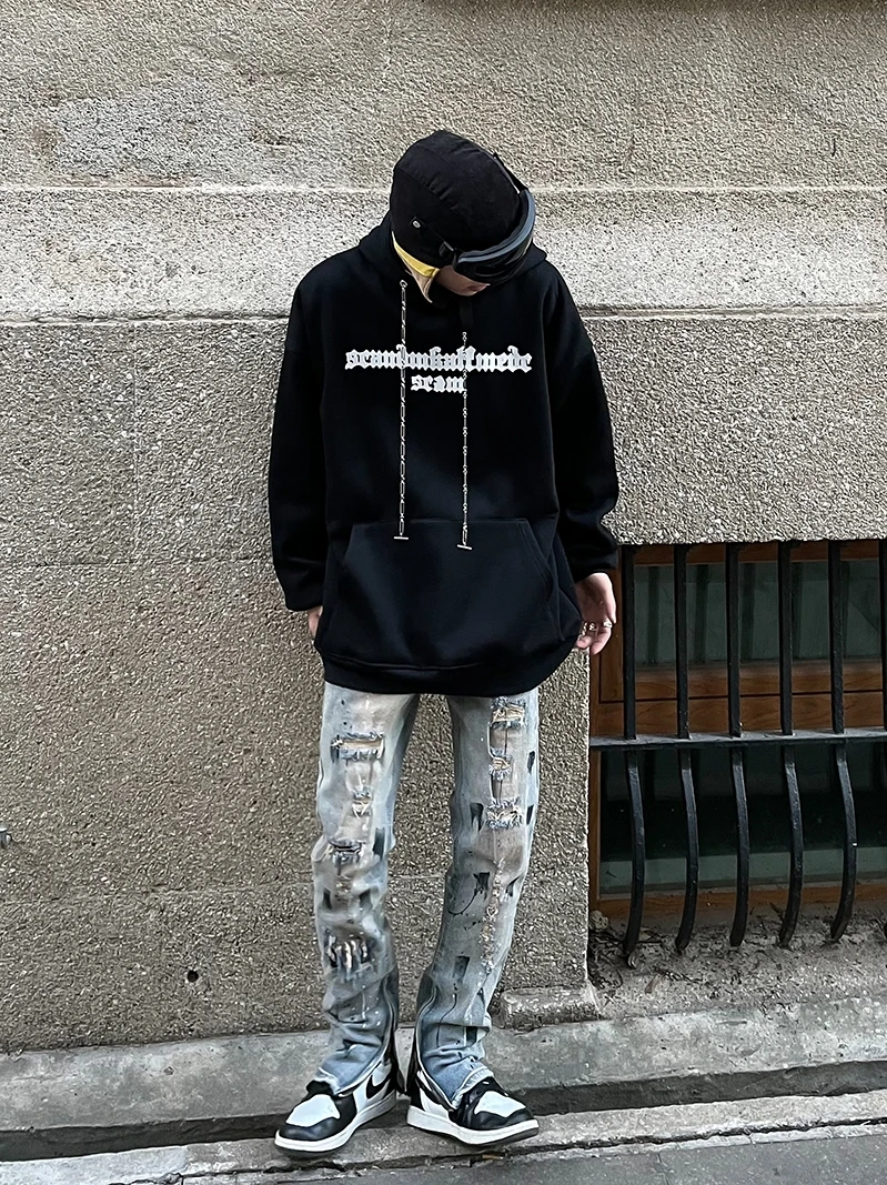 Men Jeans Hip-hop High Street Hole Washing Old Split Straight Y2k Pants Loose Jeans Korean Fashion Street Jeans Boyfriend Jeans