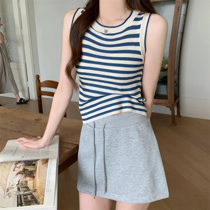 Новинка 2024 женская летняя полосатая вязаная майка укороченная верхняя одежда