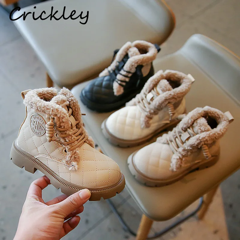 

2022 Sewing Girls Boys Fashion Boots Sewing Plush Warm Children Ankle Shoes Soft Zipper Anti Slip Toddler Kids Snow Boots