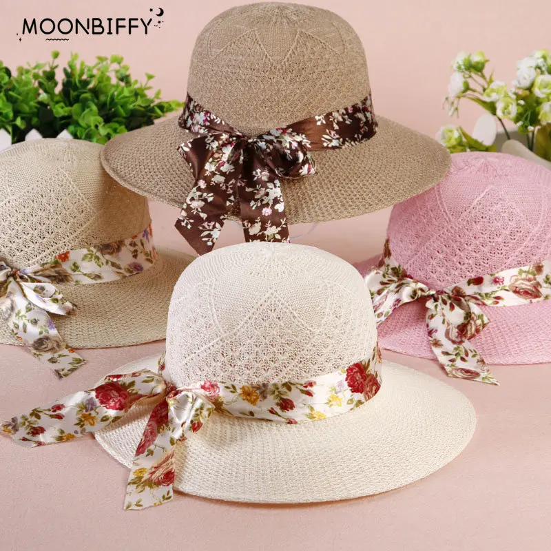 

Summer Girls Sun Hats Wide Brim Bowknot Straw Hat with Ribbon Outdoor Sun Protection Women Hats Soild Color Ladies Panama Caps