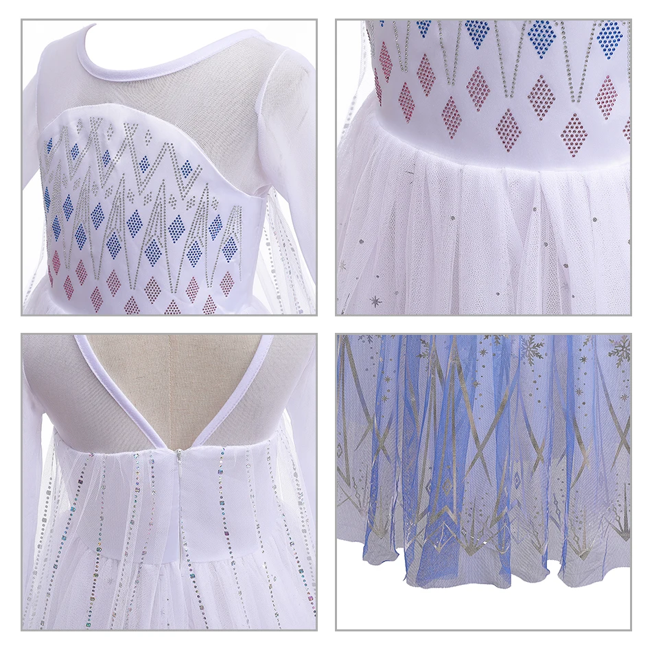 Disney Elsa Princess Dress White Costume For Girls Frozen 2 Snowflake Dresses Snow Queen Costume Cosplay Princess Girls Clothes