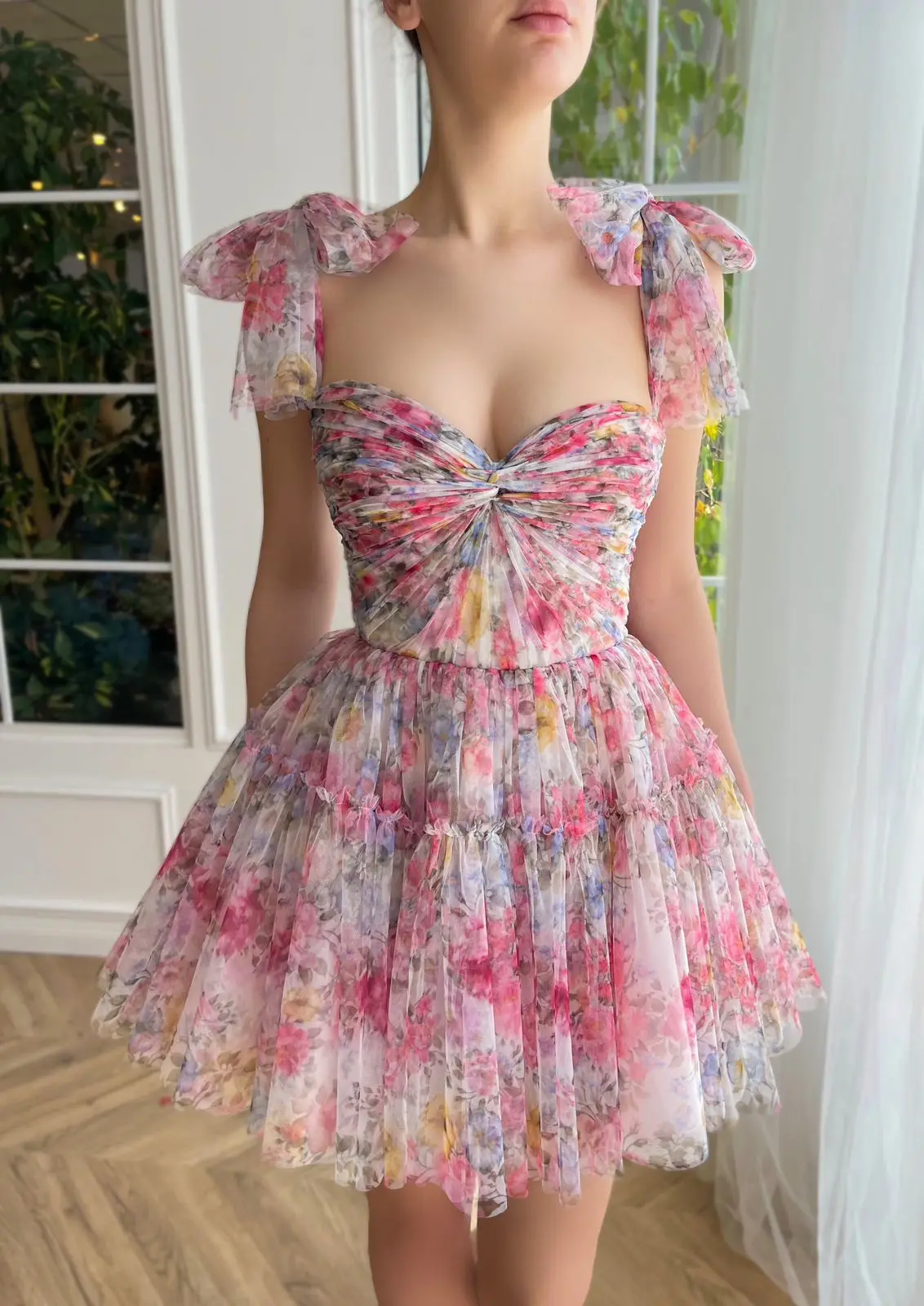 

Vintage Printed Florals Tulle Cocktail Party Dresses with Sleevelss Spaghetti Straps فساتين مناسبة رسمية Mini Length Prom Dress