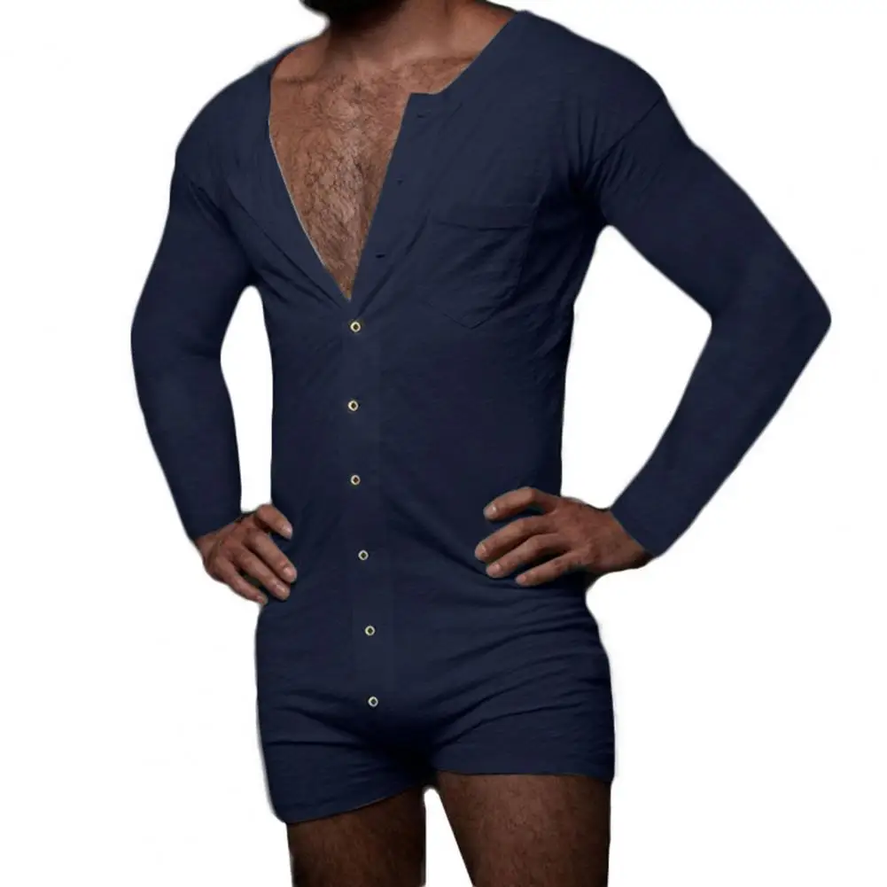 Mens Onesies Leotard Bodysuit Long Sleeve Undershirts Jumpsuit Romper Single-breasted Sleepwear Nightwear Pijama Hombre Homewear
