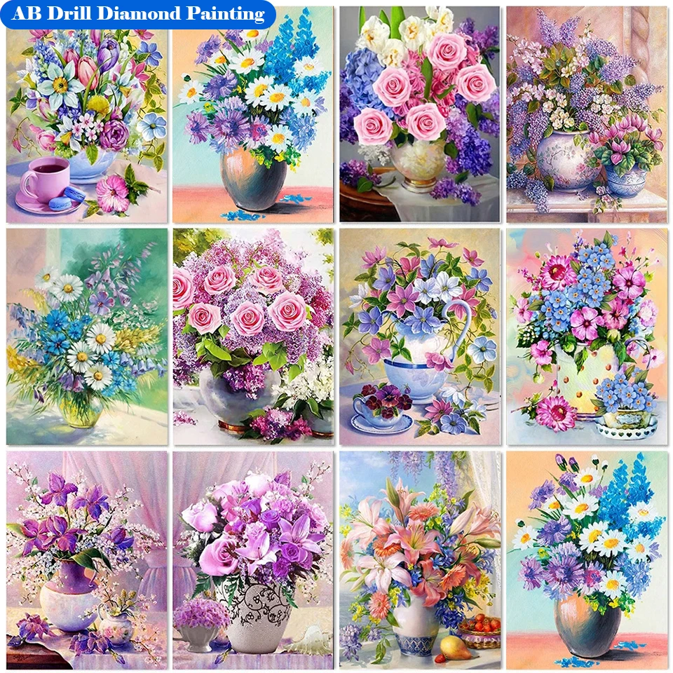 

AB Diamond Embroidery Flowers Vase Cross Stitch Kit Full Drill 5D DIY Diamond Painting Mosaic Rose Art Picture Of Rhinestones