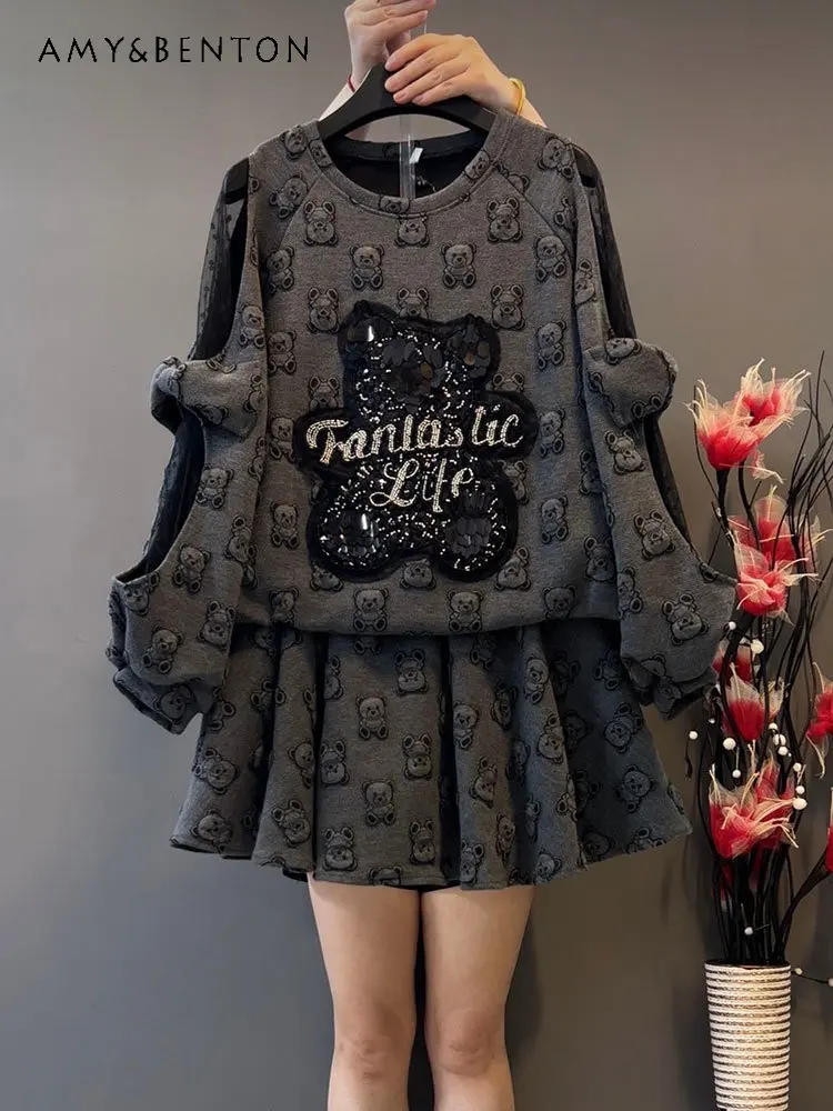 Women's Winter New Heavy Embroidery Sequins Sweatshirt Half-Length Skirt Outfit Cartoon Youthful-Looking Skirt Two-Piece Set