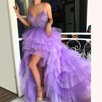 purple sexy tulle sling lace applique layering banquet prom party dress