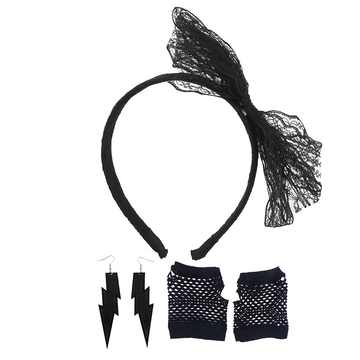 

80's Lace Headband Neon Earrings Fingerless Fishnet Gloves for 80's Party(Black)