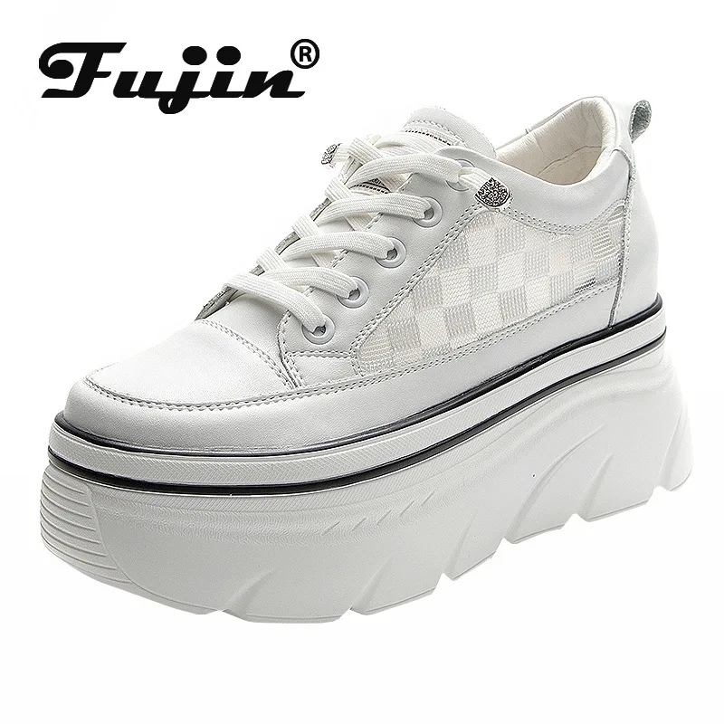 Fujin 9 см сетчатые белые кроссовки из натуральной кожи женская обувь на платформе