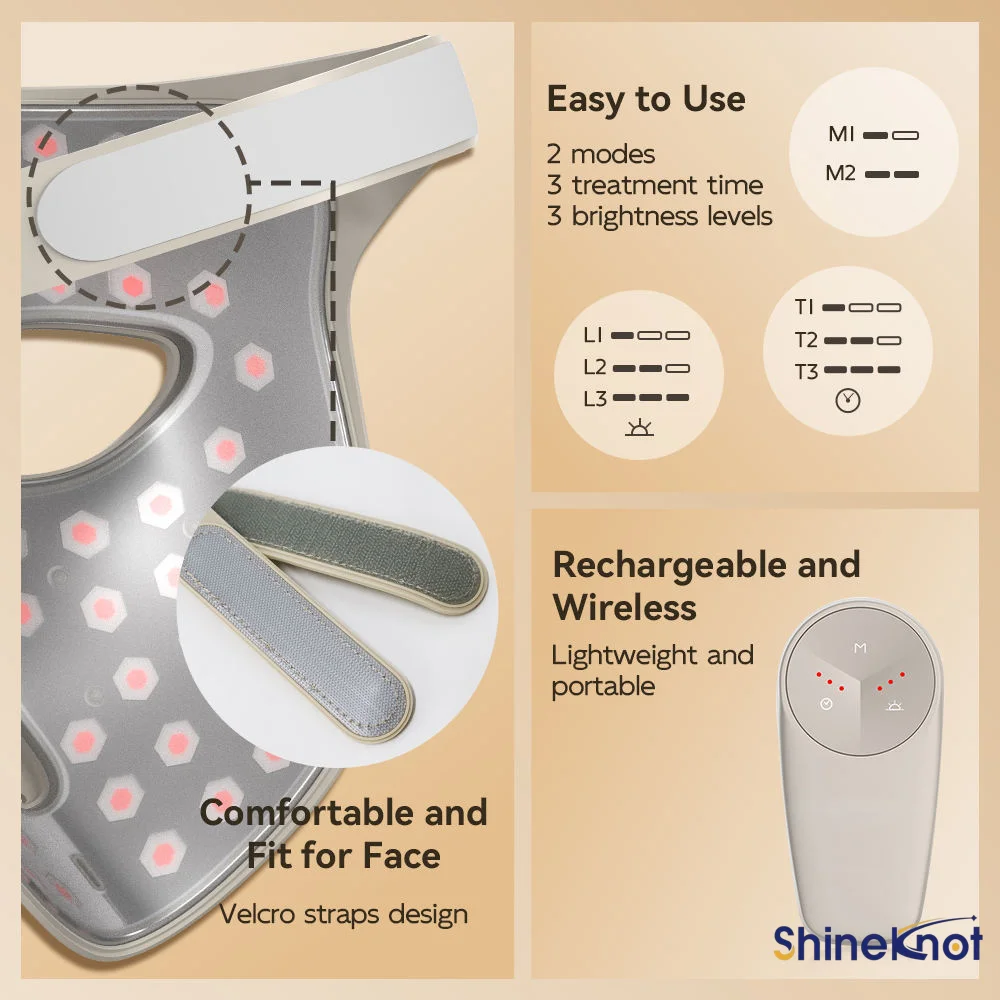 Фото Инфракрасная косметическая маска SHINEKNOT для лица с красными и синими LED-лампами для ухода за кожей, перезаряжаемая, 630НМ+460НМ+850НМ, голосовое управление по Bluetooth №4