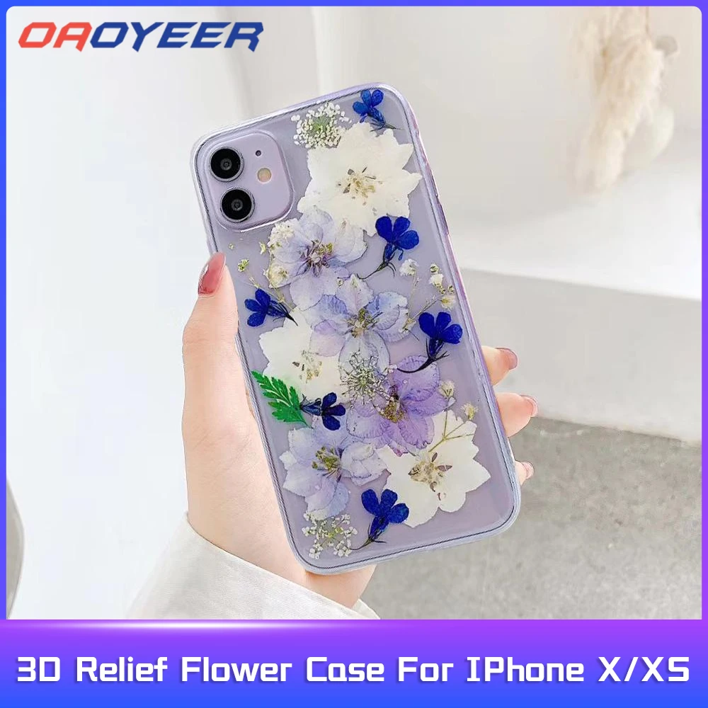 

3D Embossed Dry Flower For IPhone X/XS Case Drip Glue Phone Case Purple Dry Flower Transparent Protection Back Cover For X XS