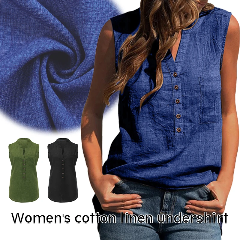 

Solid Women Casual Tops Camisole Literary Retro Cotton Linen Vests Summer Tee V Neck Sleeveless Blouse Loose Tank Button T-shirt