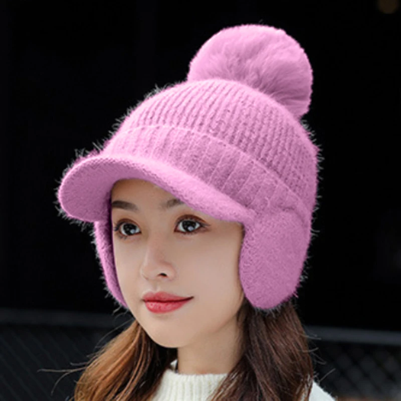 

Warm Winter Knitted Beanies Hats Women Thick Warm Beanie Skullies Hat Female Knit Ear Caps Pompom Outdoor Riding Sets