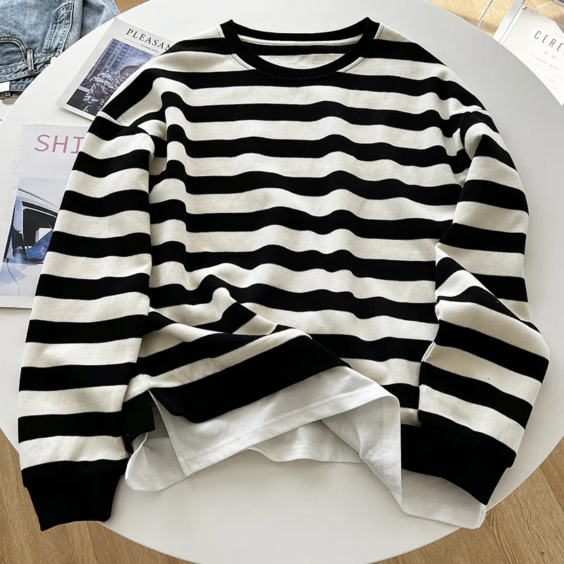 

fake two piece hoodies Women Stripe Patchwork Sweatshirts korean casual Oversized Long Sleeve O Neck student Pullovers thin Tops
