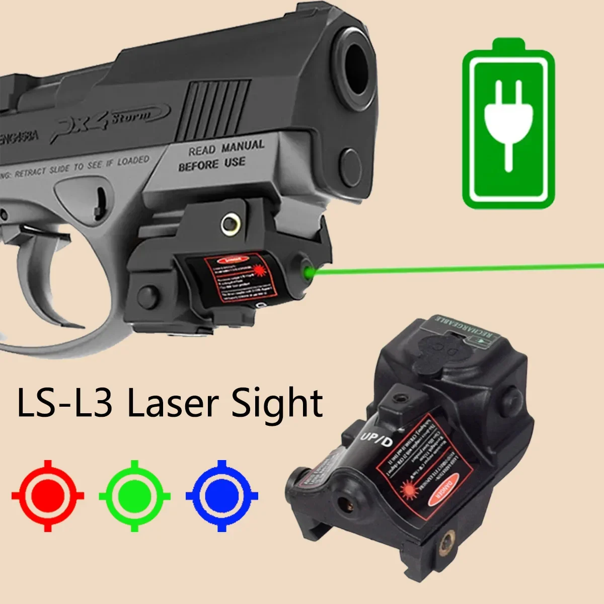 

Tactical LS-L3 USB Rechargeable Red Green Blue Dot Laser Pointer Sight Self Defense Airsoft Pistol Gun Glock 17 Taurus G2C 9mm