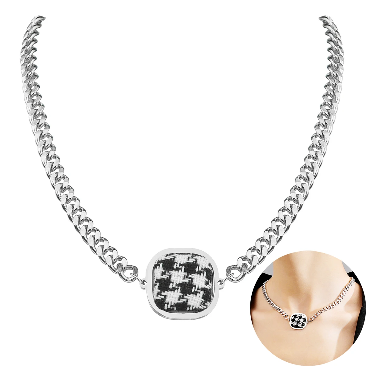 

Elegant Fabric Square Pendant Stainless Steel Clavicle Chain Jewelry For Women Choker Necklaces Female Wedding Necklace Gift