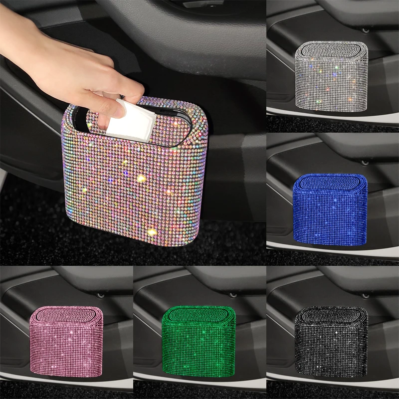 

2022 Diamond Crystal Car Trash Can Bin with Lid Leakproof Mini Vehicle Trash Bin Glitter Garbage Dustbin Organizer Container Bag