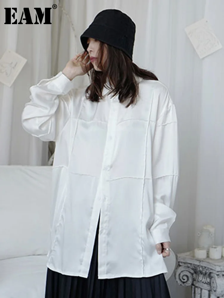 

[EAM] Women White Topstitched Big Size Blouse New Lapel Long Sleeve Loose Fit Shirt Fashion Tide Spring Autumn 2023 1DF4261
