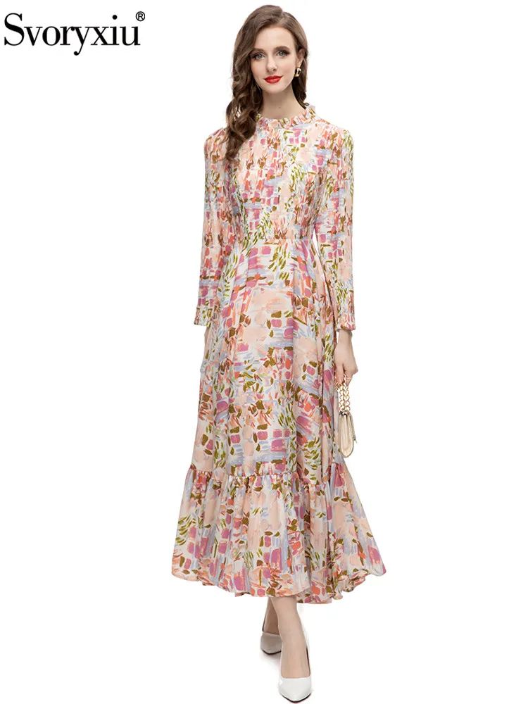 

Svoryxiu High Quality Spring Runway Designer Vintage Print Ankle-Length Dress Women's Long Sleeve Ruffles High Waist Dress