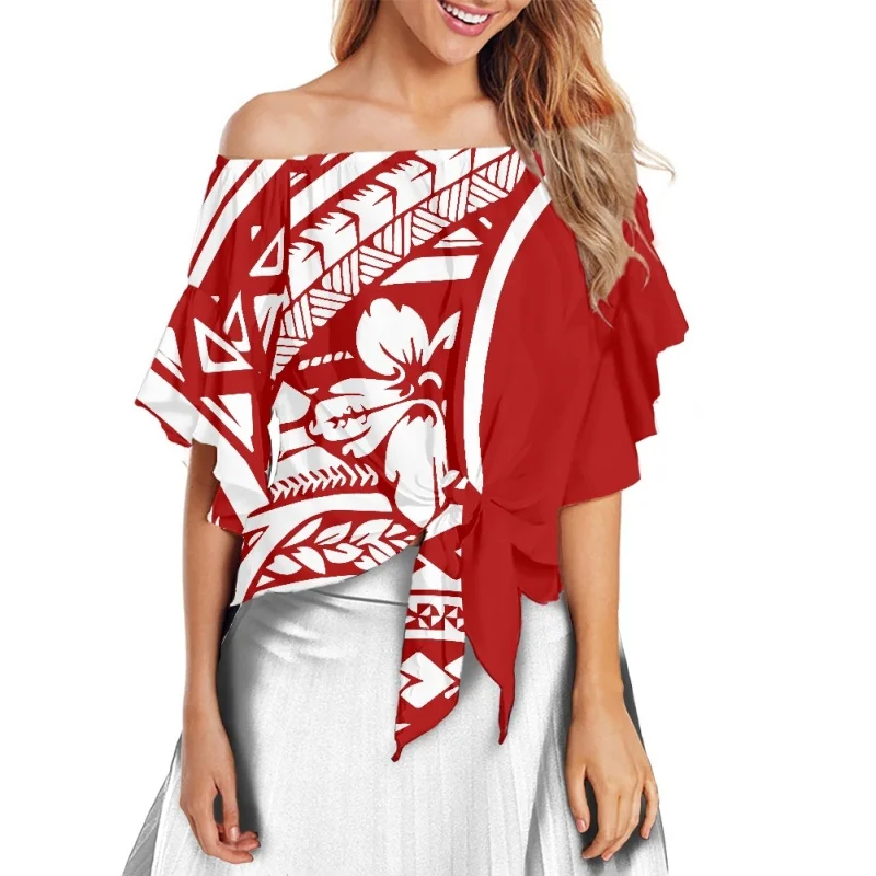 

HYCOOL Polynesian Tribal Women Red Off The Shoulder Tops 3/4 Bell Sleeve Tie Knot Casual Blouse Shirts Hawaiian Hibiscus Printed