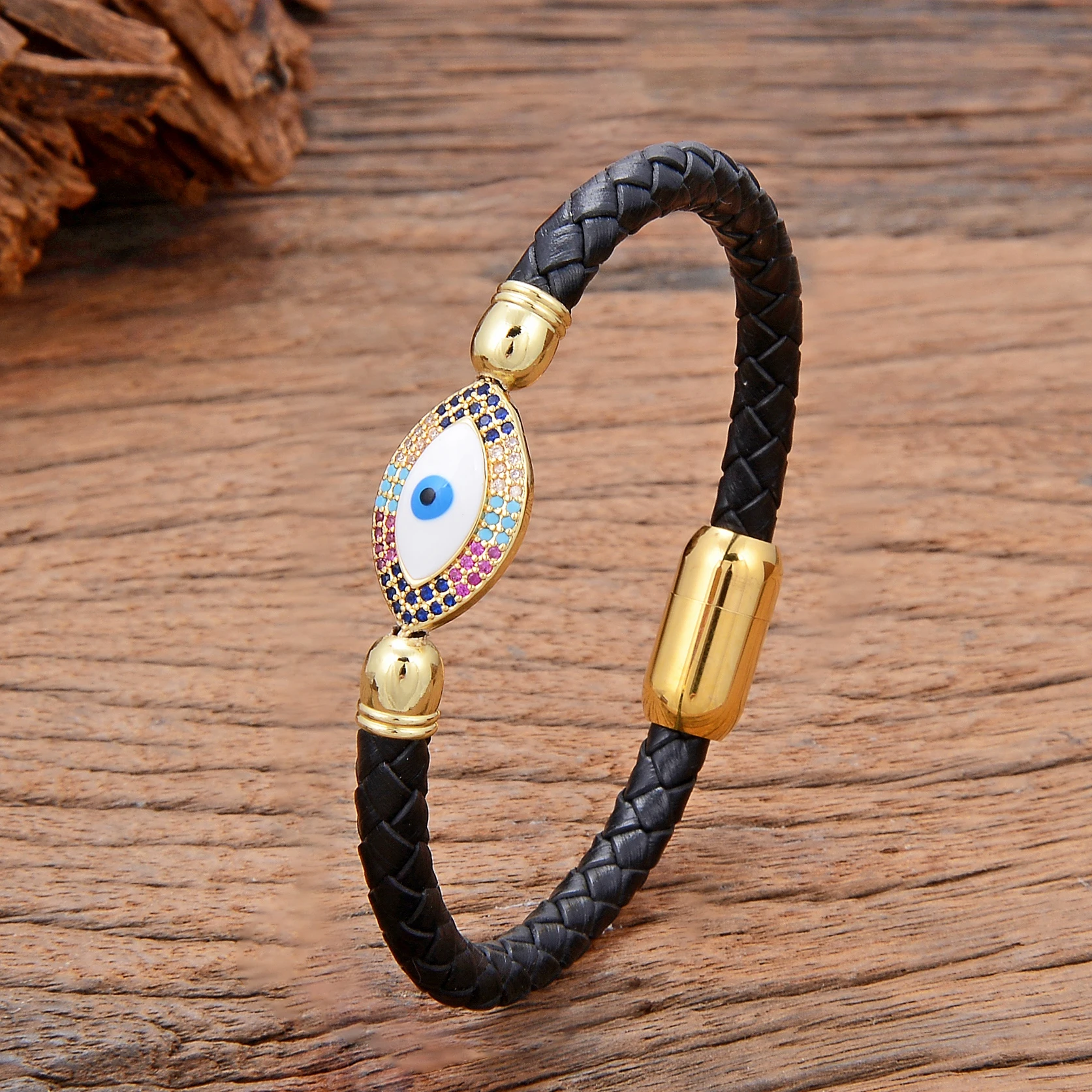 

Luxury Turkish Blue Evil Eye Bracelet For Women Man Charm Colored Zircon Retro Genuine Leather Couple Bracelets Friendship Gifts