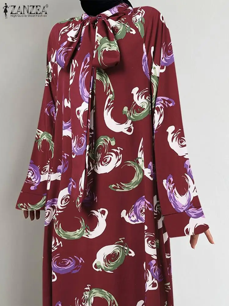 

Длинные платья ZANZEA в винтажном стиле с галстуком-бабочкой, женские модные платья с принтом 2023, повседневные свободные халаты из искусственной кожи