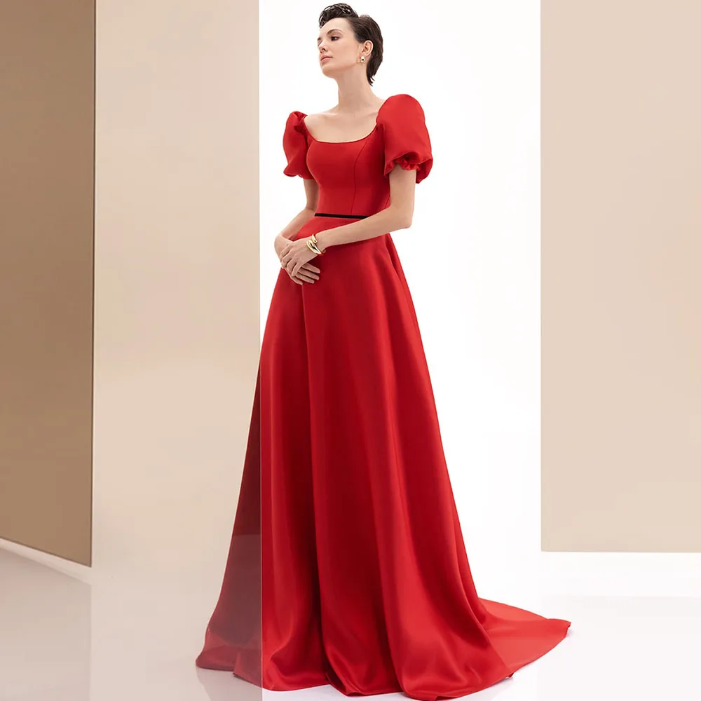 

Красные вечерние платья 2022, простые Бальные платья с пышными рукавами, квадратным вырезом, на молнии, с коротким рукавом, длиной до пола, женское вечернее атласное платье