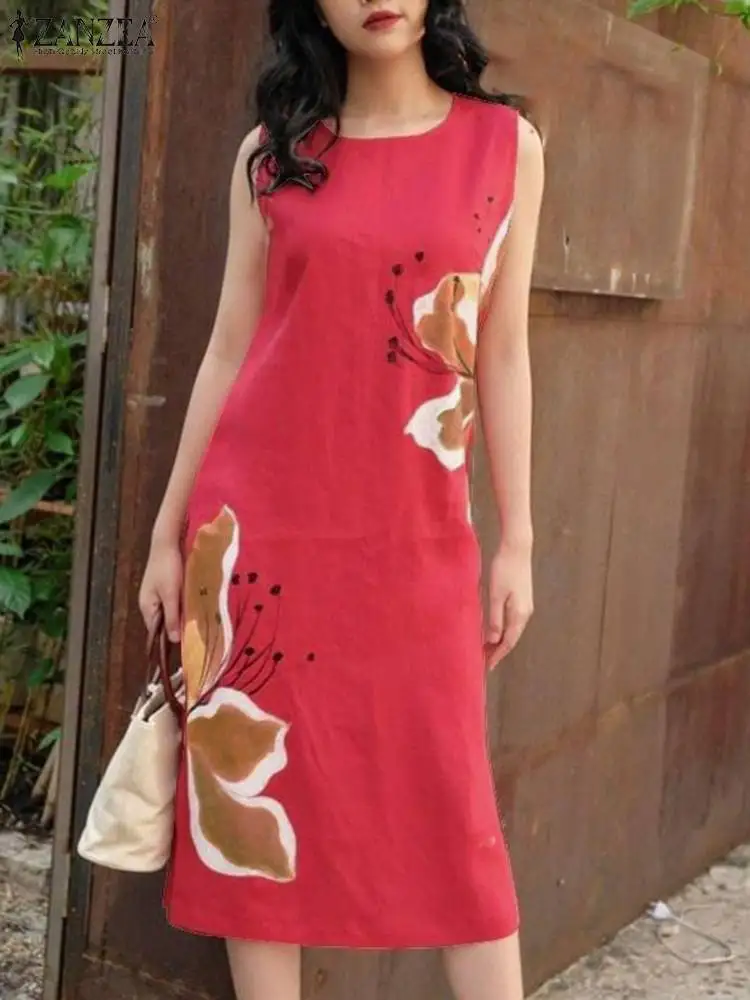 

ZANZEA Women Summer Holiday Vestidos Midi Dress Elegant Printed Sleeveless Loose Sundress Oversized Casual Baggy Tank Robe Femme