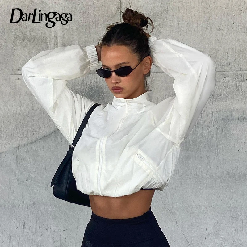 

Уличная одежда Darlingaga, белая свободная осенняя куртка для женщин, спортивный шикарный модный Тренч на молнии, мотоциклетная и Байкерская Стильная верхняя одежда, куртка