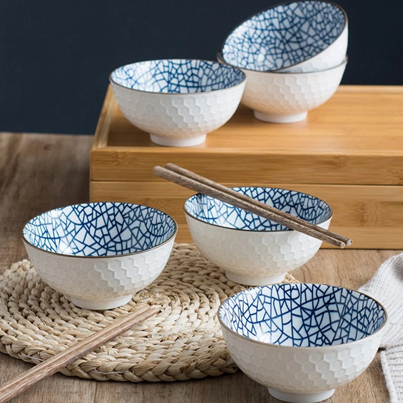 

6Pcs Tableware Bowls Ceramic Home Hand Painted Instant Noodle Soup Restaurant Simple Creative Embossed Ramen Bowl