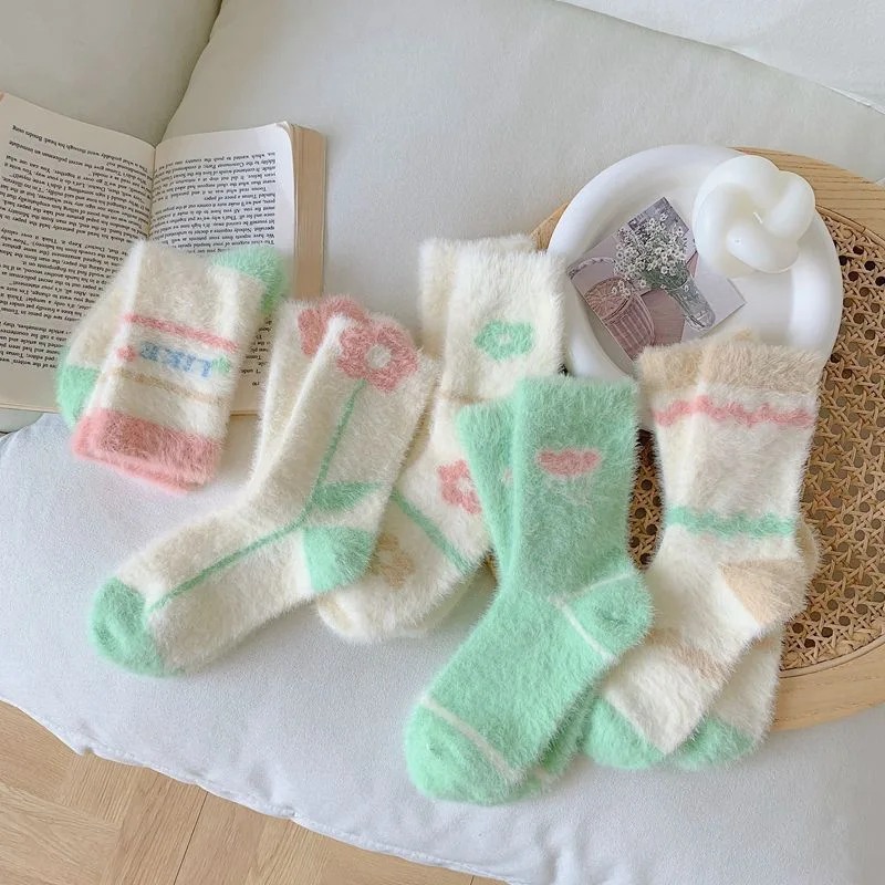 

Soft Plush Thermal Socks Women Autumn Winter Thick Warm Long Socks Floral Print Kawaii Cute Homewear Keep Warm Floor Sleep Socks