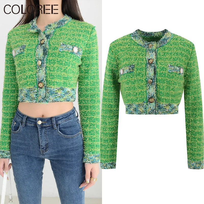 

Green Knitted Cardigan Mujer 2022 Autumn Winter Luxury Clothes Women Vintage Patchwork Knitted Sweater Femme