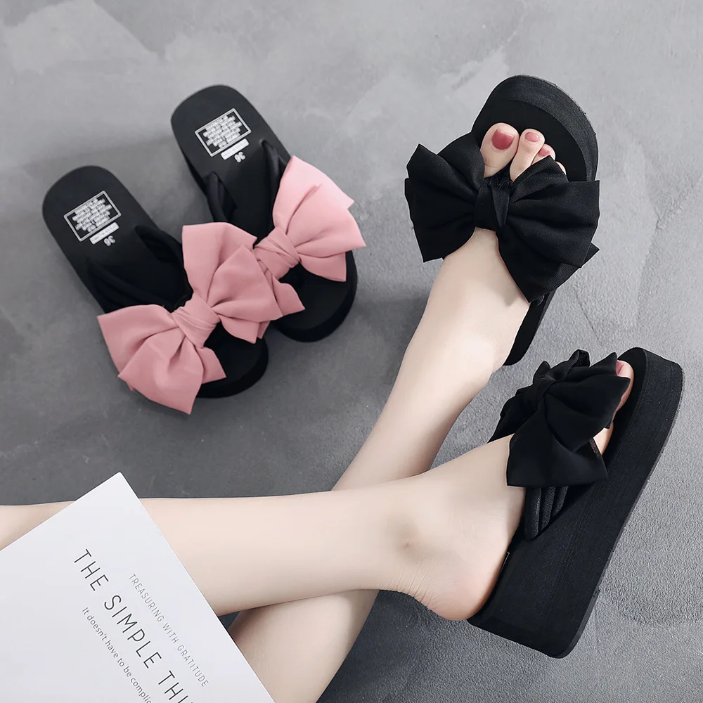 

HUAXI Women Slippers Bowknot Wedges 6cm High Heel Summer Female Flip Flops Indoor Outdoor Casual Beach Slides EVA Black Sandales