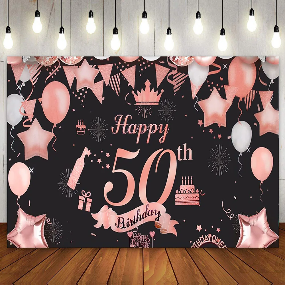 

Happy 50th Birthday Party Cake Table Banner Backdrop Decoration for Women Pink Rose Gold Balloons Rinbbon Photo Booth Poster