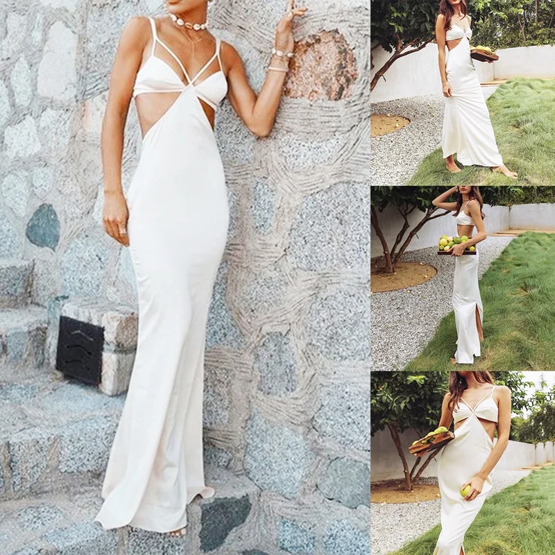 

Women Suspender Sleeveless Sexy Cutout Backless Slit Fishtail Dress Solid Color V-Neck Low Cut Sexy Long Dress
