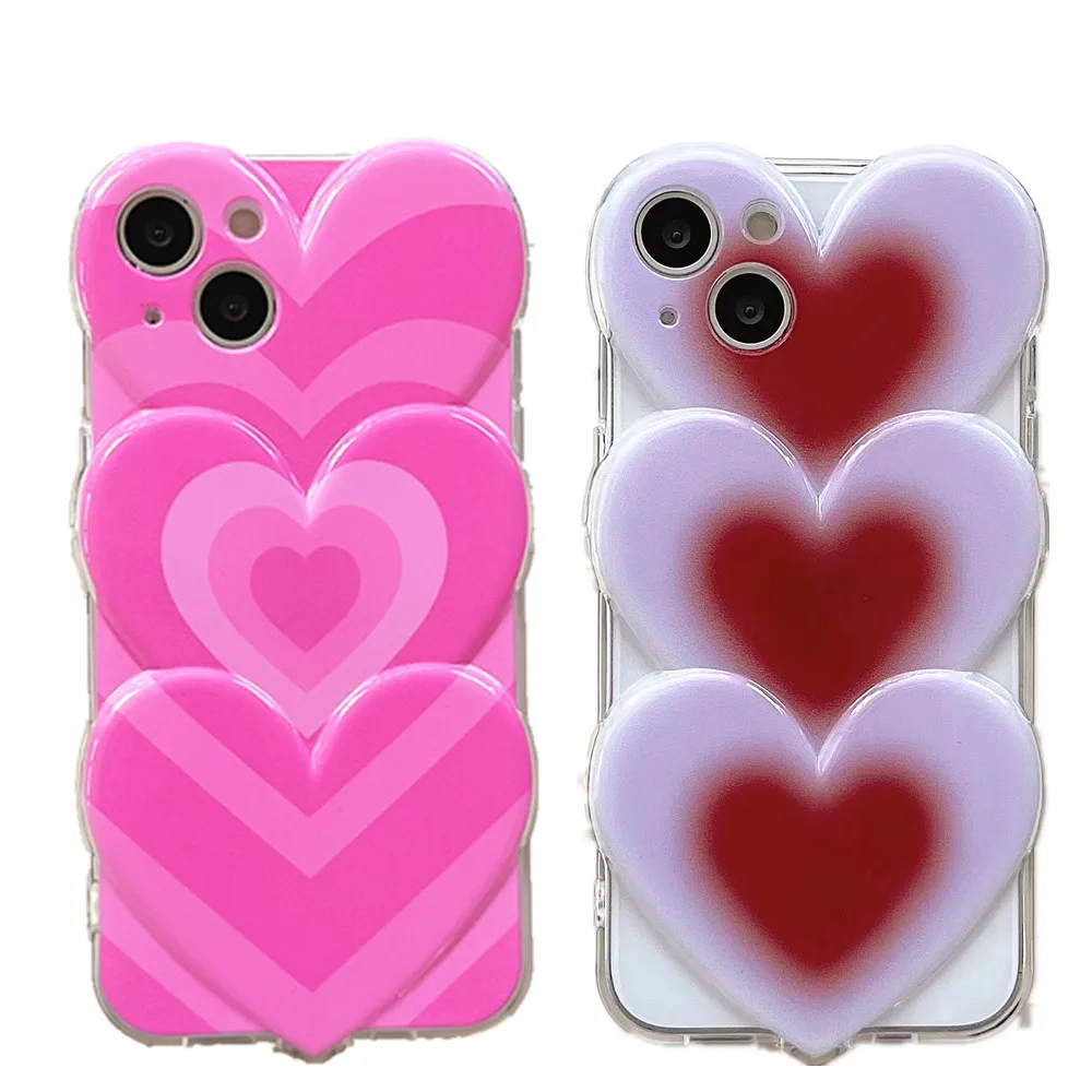 

3D 3 Layer Stacked Lovely Love Phone Case For iPhone 13 12 Pro Max 11 Cute Gradient Triple Heart Shockproof Armor Back Cover
