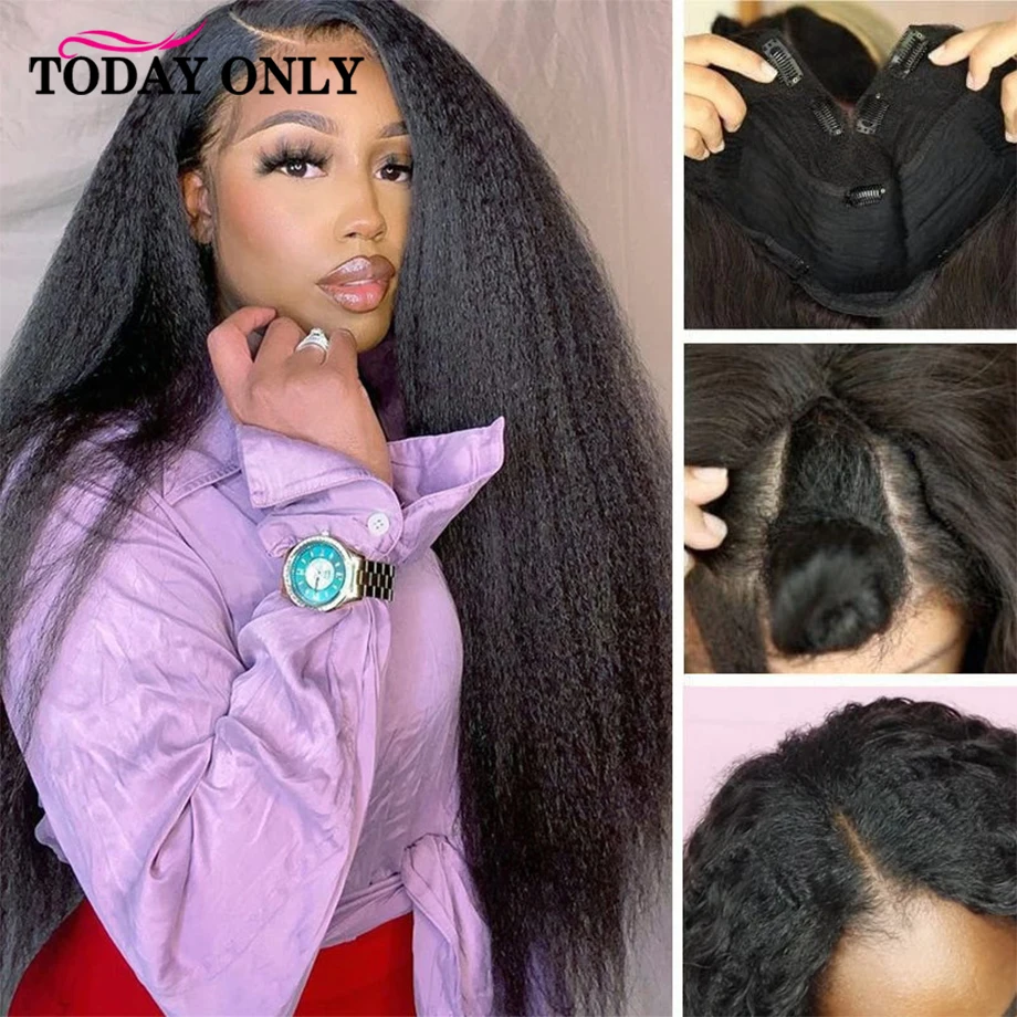 V Part Wig Yaki Straight Human Hair Brazilain Kinky Straight Virgin Natural Hair V Part Wig Glueless Machine Made Wig TODAY ONLY
