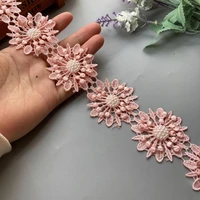 1 yard pink pearl beaded embroidered flower lace ribbon trim floral applique patches fabric sewing craft vintage wedding dress