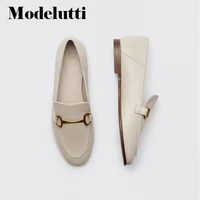 Modelutti 2022 New England Style Fashion Vintage Metal Ring Buckle Leather Round Head Loafers Women Shoes Flat Shoes Female