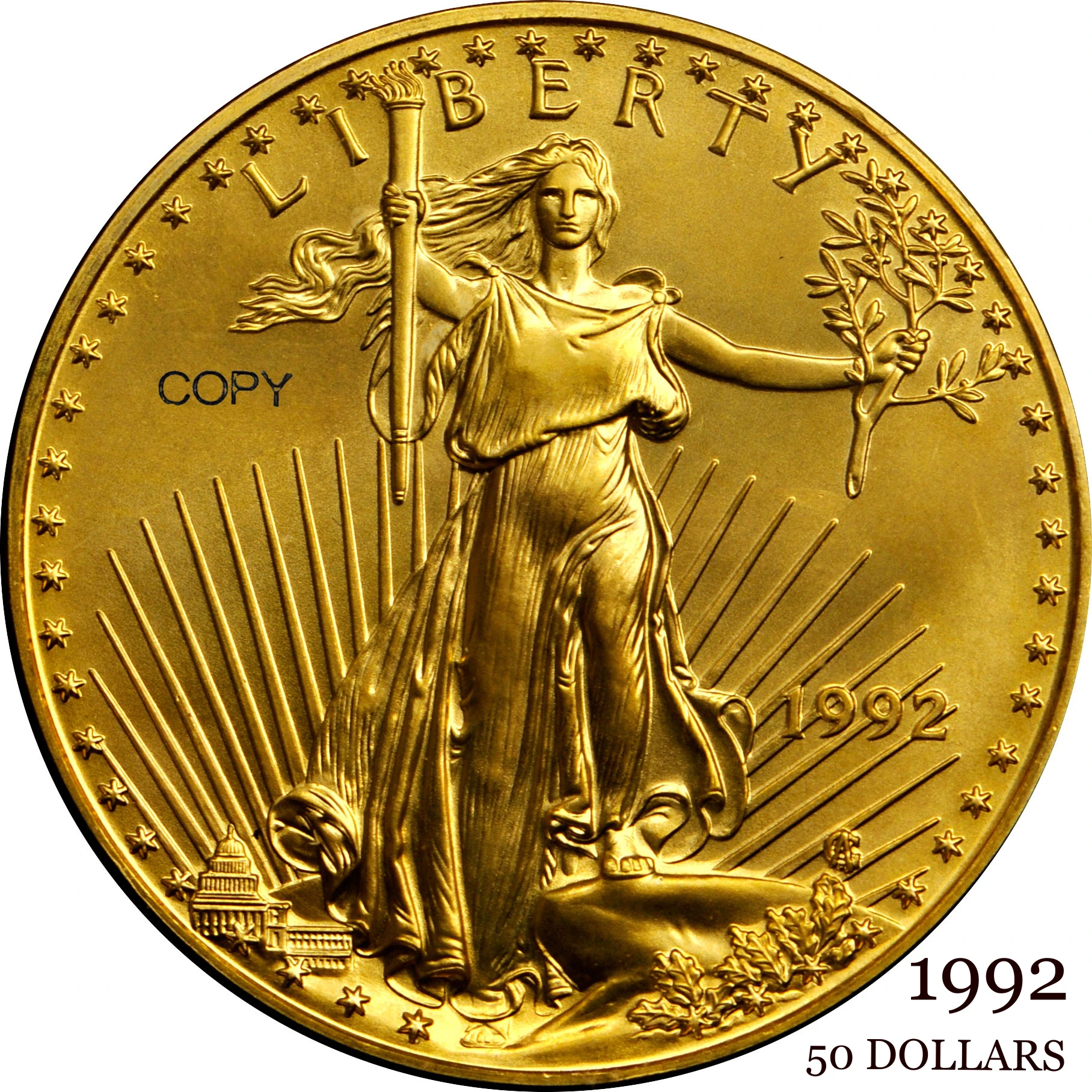 United States US 1992 $50 50 Dollars One Ounce American Fine Gold Eagle Bullion Coinage USA Liberty Brass Metal Copy Coin