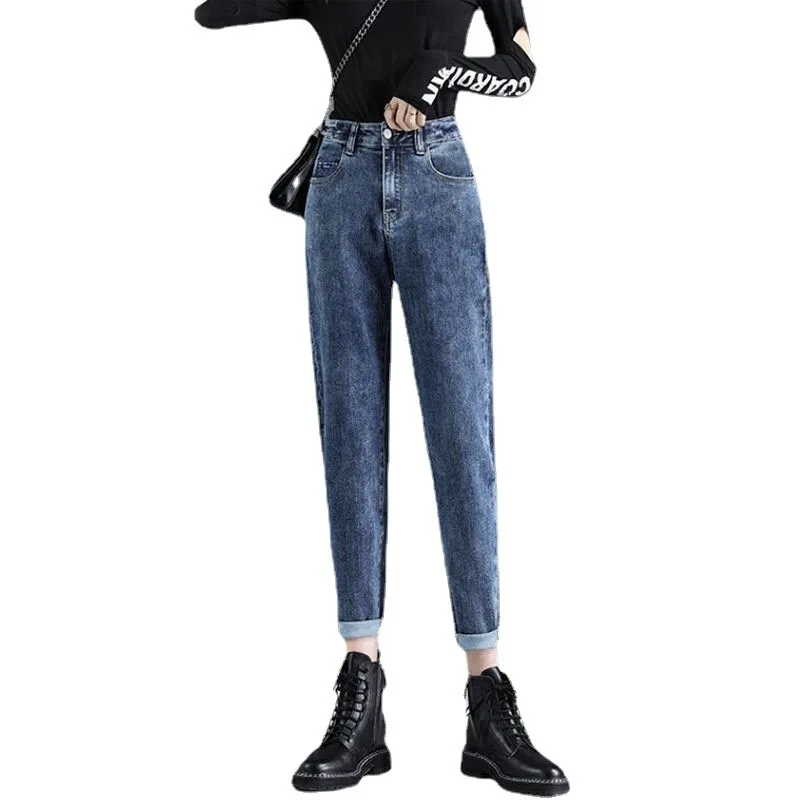 High-waisted nine-point jeans women's loose straight outer wear new style plus velvet thickening Harlan radish autumn winter