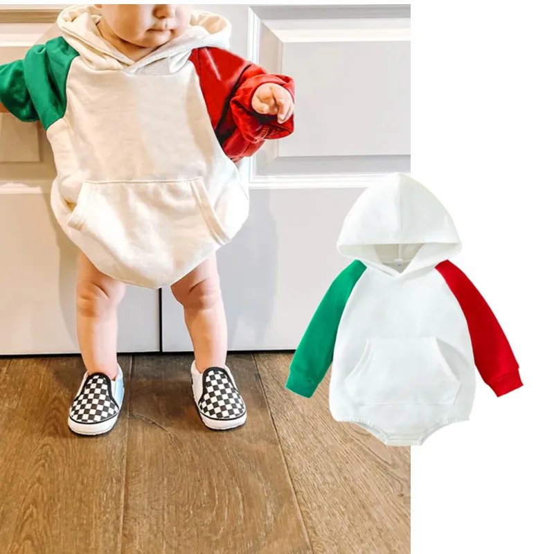 

Baby Girls Boys Spring Autumn Romper Long Sleeve Patchwork Color Loose Hooded Jumpsuits Tops Playsuit with Pocket